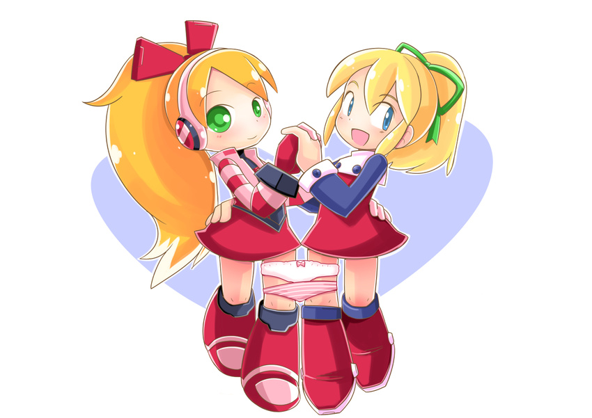 2girls blue_eyes bow bow_panties call_(mighty_no._9) capcom child closed_mouth dress green_eyes green_ribbon hair_ornament hair_ribbon hand_holding headphones heart long_hair looking_at_viewer multiple_girls open_mouth panties panty_pull ponytail red_dress red_ribbon ribbon robojanai rockman rockman_(classic) roll shoes smile striped striped_panties striped_sleeves underwear white_background white_panties