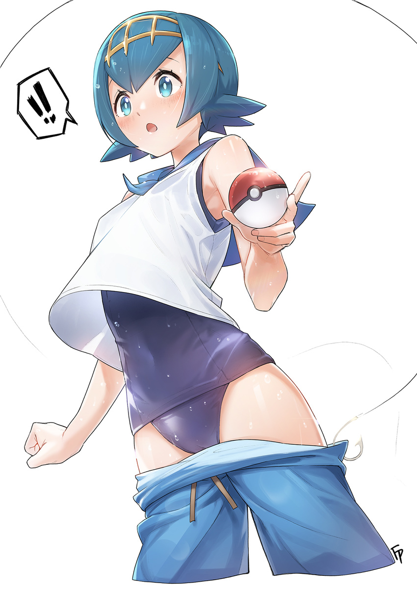 1girl :o armpits artist_name bangs bare_arms bare_shoulders blue_eyes blue_hair blue_pants blush breasts bright_pupils cameltoe clenched_hand covered_navel crop_top crop_top_overhang cropped_legs eyelashes fingernails fishing_hook fishing_line fpanda glint hairband highres holding holding_poke_ball one-piece_swimsuit pants pants_pull poke_ball poke_ball_(generic) pokemon pokemon_(game) pokemon_sm school_swimsuit short_hair simple_background skin_tight sleeveless small_breasts solo spoken_exclamation_mark suiren_(pokemon) surprised swimsuit swimsuit_under_clothes trial_captain wet white_background wrist_extended