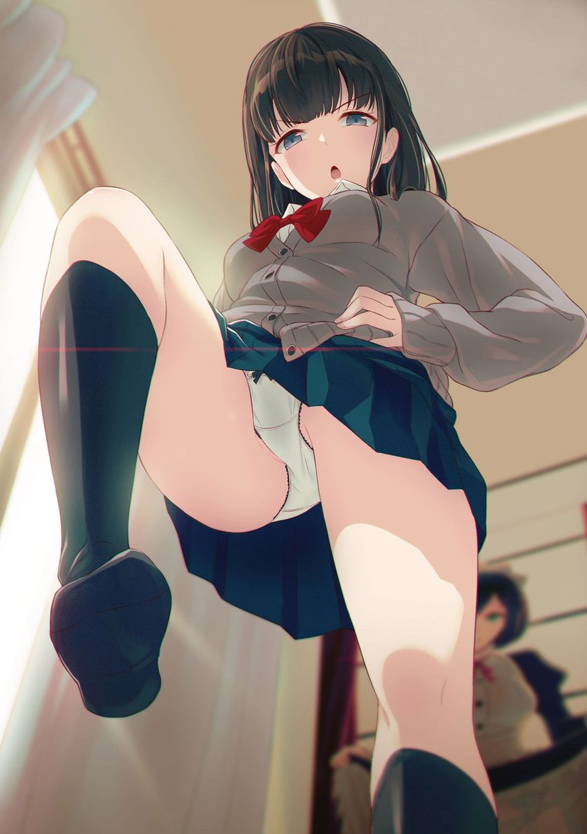 40hara artist_self-reference bangs black_hair black_legwear bloom blunt_bangs bow bow_panties breasts cardigan chromatic_aberration diffraction_spikes feet from_below gesugao grey_eyes hand_on_hip highres long_hair looking_at_viewer looking_down maid open_mouth original panties partially_visible_vulva pleated_skirt poster_(object) pov_feet school_uniform shirt skirt skirt_lift sleeves_past_wrists small_breasts socks soles solo sunlight underwear untucked_shirt upskirt