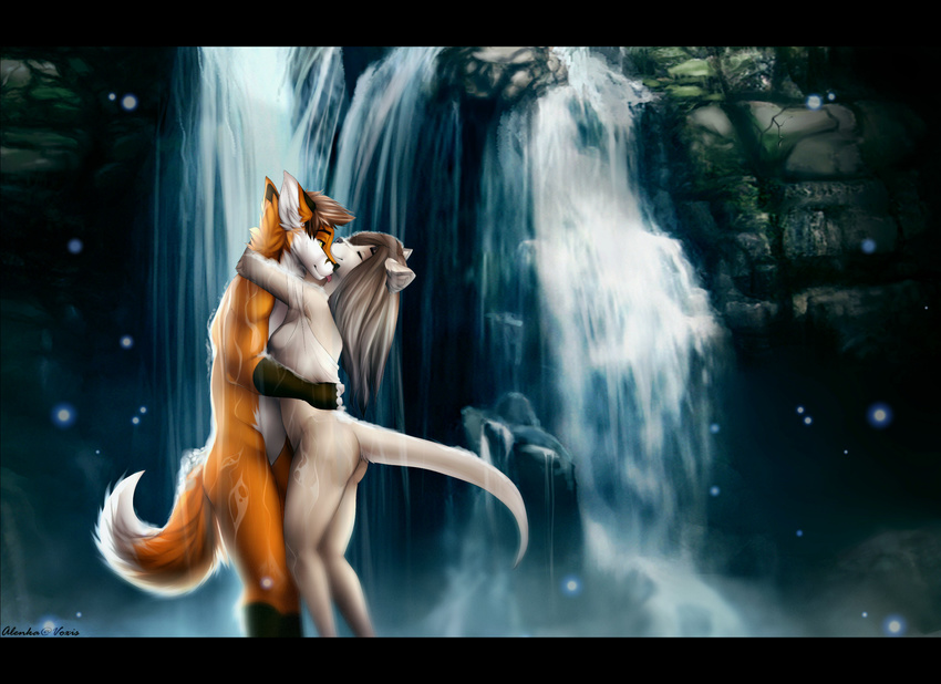 2016 alenkavoxis anthro black_border black_nose border breasts brown_hair butt canine detailed_background digital_media_(artwork) dipstick_tail duo eyebrows eyes_closed featureless_crotch female fingerless_(marking) fox fur gloves_(marking) hair hug licking long_hair looking_pleasured male male/female mammal markings multicolored_fur multicolored_tail mustelid nature nude otter outside romantic romantic_ambiance short_hair side_view smile standing tongue tongue_out waterfall yellow_eyes