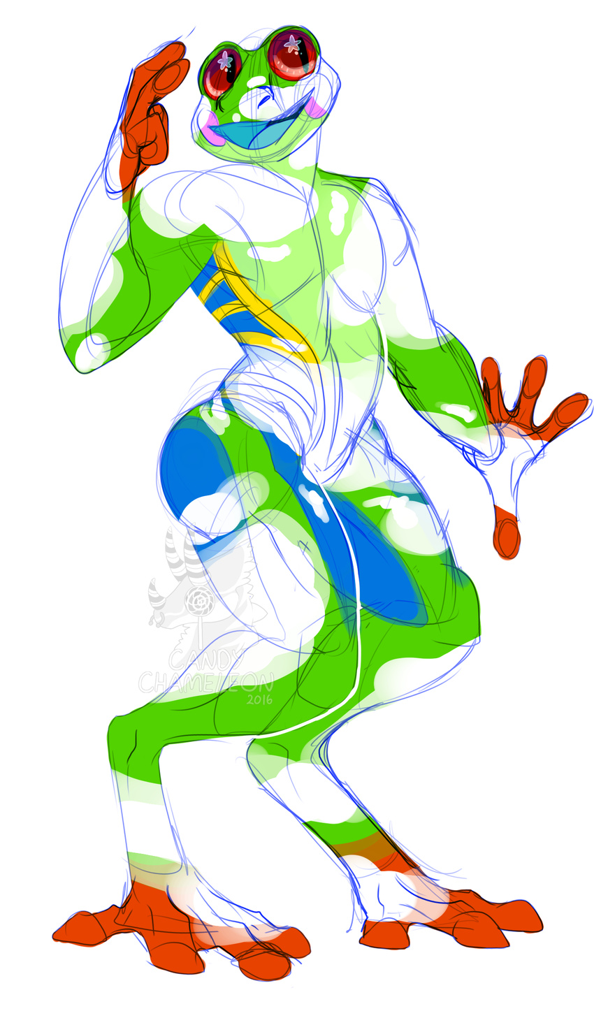 amphibian anthro candychameleon frog male nude open_mouth sketch smile solo standing starry_eyes thick_thighs