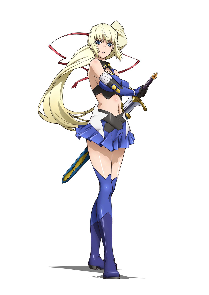 1girl bangs bare_shoulders blonde_hair blue_eyes blue_legwear blue_skirt boots breasts cleavage clenched_hand elbow_gloves full_body gloves hair_ribbon highres jpeg_artifacts large_breasts limalisha long_hair looking_at_viewer madan_no_ou_to_vanadis miniskirt pleated_skirt rasukaru ribbon scabbard sheath sheathed side_ponytail sidelocks skirt solo standing sword thighhighs weapon