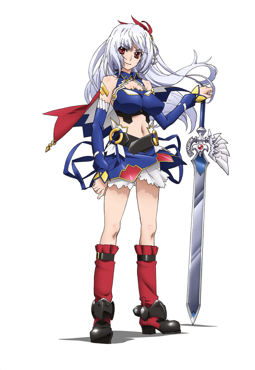 1girl breasts eleonora_viltaria full_body hair_ornament katagiri_hinata large_breasts long_hair madan_no_ou_to_vanadis red_eyes solo sword weapon white_hair