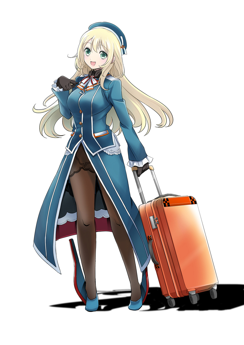 aqua_eyes atago_(kantai_collection) beret black_gloves blonde_hair breasts coat full_body gloves hat high_heels highres kantai_collection large_breasts long_hair military military_uniform open_mouth pantyhose primary_stage rolling_suitcase shadow smile solo uniform