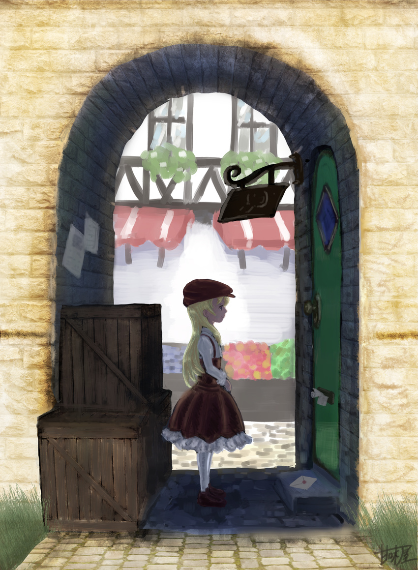 arch artist_name awning backlighting blonde_hair blue_eyes brick_wall brown_hat brown_skirt child cobblestone commentary_request crate day door flat_cap frilled_skirt frills grass hat highres historical impossible_brickwork kanmiya_umanosuke letter light_smile loafers long_hair long_sleeves love_letter original outdoors pantyhose pavement profile shirt shoes sign signature skirt solo standing v_arms wall white_legwear white_shirt wide_shot window window_box