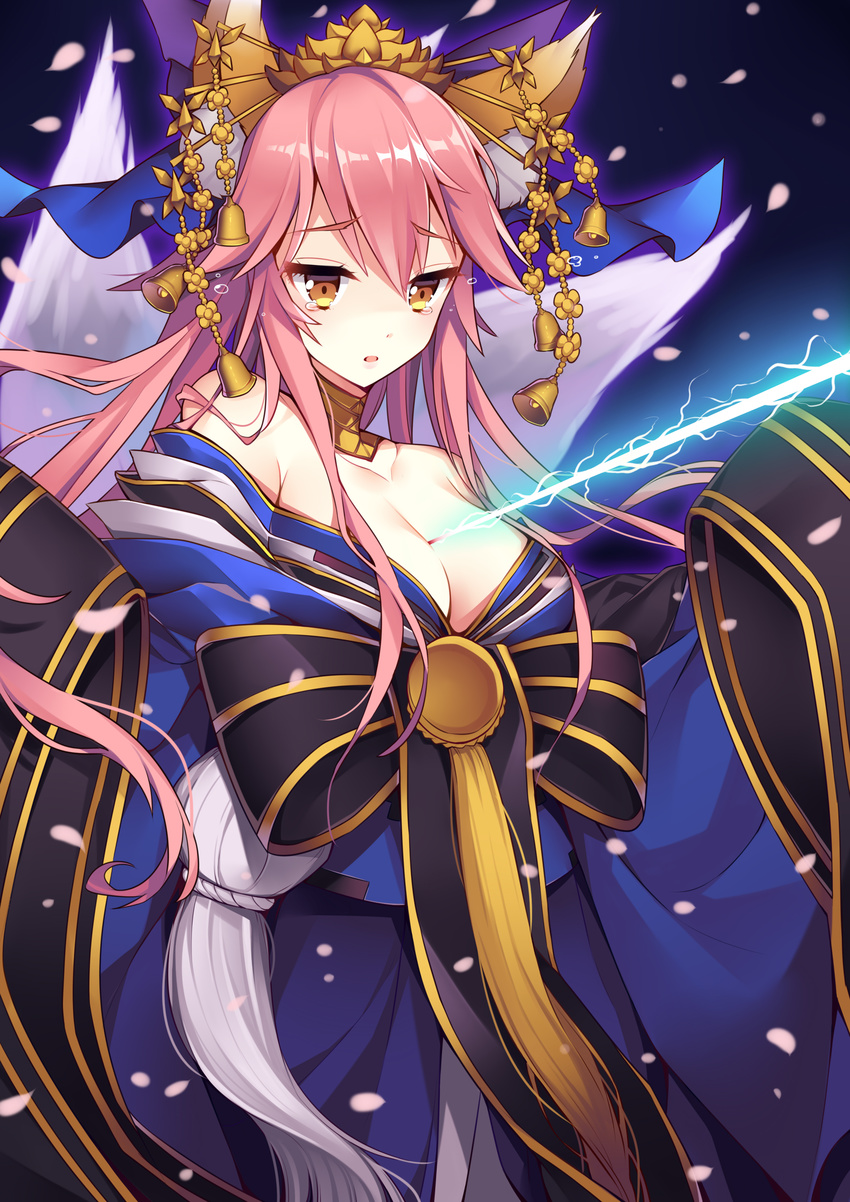 absurdres animal_ears bad_id bad_pixiv_id bare_shoulders bell blue_kimono blue_ribbon breasts cleavage collarbone crying crying_with_eyes_open detached_collar eyebrows_visible_through_hair fate/extra fate/grand_order fate_(series) fox_ears fox_tail hair_between_eyes hair_ribbon hands_up headpiece highres japanese_clothes kimono kimono_pull large_breasts laser_beam long_hair looking_down may_(2747513627) multiple_tails parted_lips petals pink_hair ribbon sash solo standing tail tamamo_(fate)_(all) tamamo_no_mae_(fate) tears yellow_eyes