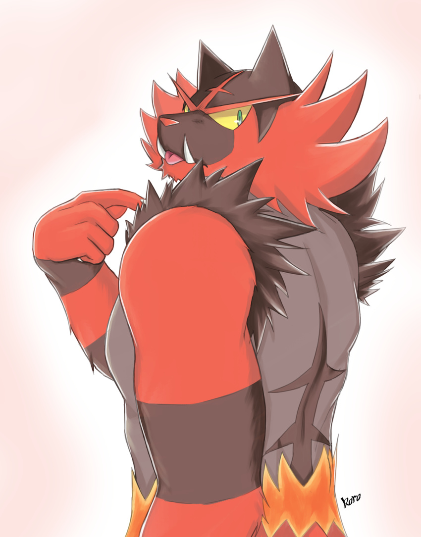 2016 5_fingers anthro black_fur cheek_tuft digital_media_(artwork) feline fur green_eyes grey_fur half-length_portrait hi_res incineroar koroburger looking_at_viewer looking_back male mammal multicolored_fur nintendo nude orange_fur pink_tongue pointing pointing_at_self pok&eacute;mon portrait rear_view red_fur red_nose shoulder_tuft signature simple_background solo tasteful_nudity tongue tongue_out tuft tusks video_games white_background yellow_sclera
