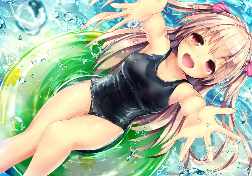 afloat blonde_hair breasts commentary_request green_innertube highres innertube long_hair medium_breasts missile228 ocean one-piece_swimsuit open_mouth original outstretched_arms outstretched_hand red_eyes revision school_swimsuit solo swimsuit two_side_up