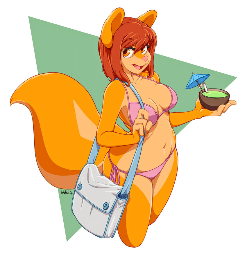 2016 anthro bag beverage bikini breasts brown_eyes brown_hair clothed clothing female hair hi_res hobbsmeerkat holding_object looking_at_viewer mammal navel open_mouth peaches_(miu) pink_nose rodent short_hair side-tie_bikini simple_background solo squirrel swimsuit tongue