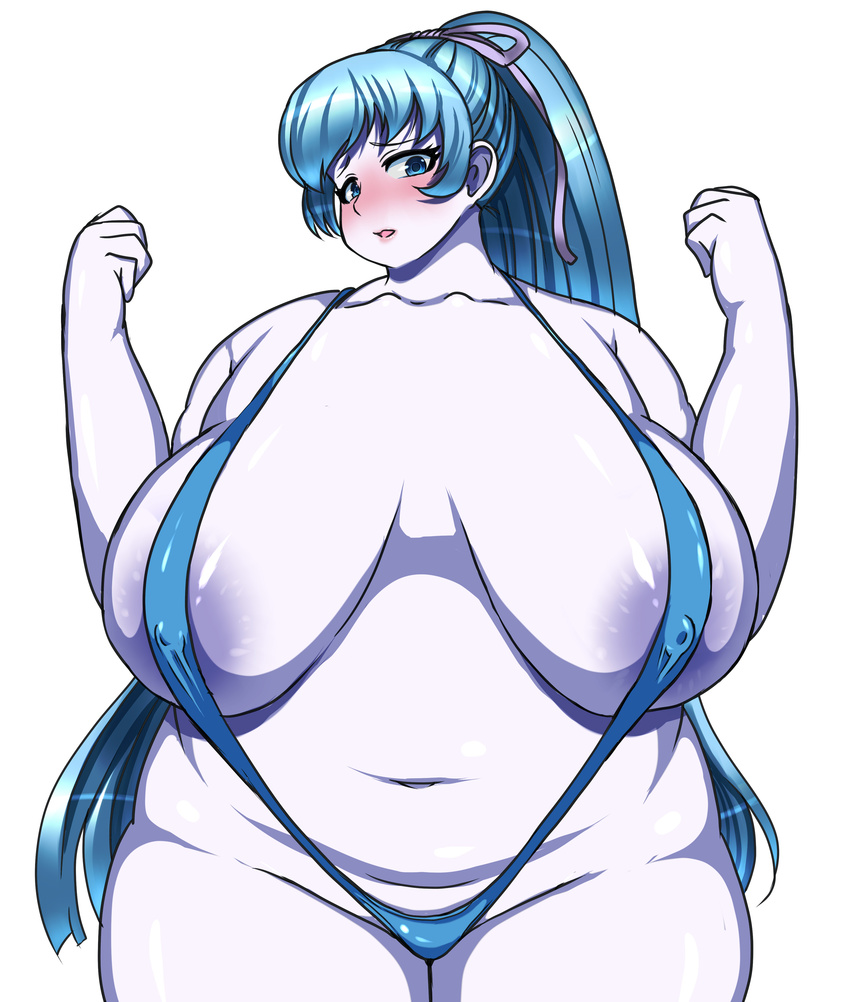 1girl aoi_(gegege_no_kitarou) areolae astraea13 bikini blue_eyes blue_hair blue_skin blush breasts cleavage erect_nipples fat gegege_no_kitarou hair_ribbon huge_breasts large_areolae long_hair looking_at_viewer monster_girl navel open_mouth ponytail solo swimsuit thick_thighs yuki_onna