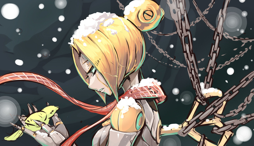 1girl android beancurd bird blonde_hair blue_eyes chains league_of_legends orianna_reveck scarf snow