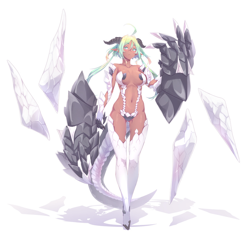 absurdres ahoge armor bangs boots breasts collarbone commentary_request dark_skin dev dragon_horns dragon_tail eyebrows_visible_through_hair frown full_body gradient_hair green_eyes green_hair hair_between_eyes highres horns large_breasts long_hair looking_at_viewer multicolored_hair navel original pointy_ears revealing_clothes shadow shiny shiny_skin simple_background solo standing stomach tail thigh_boots thighhighs white_background