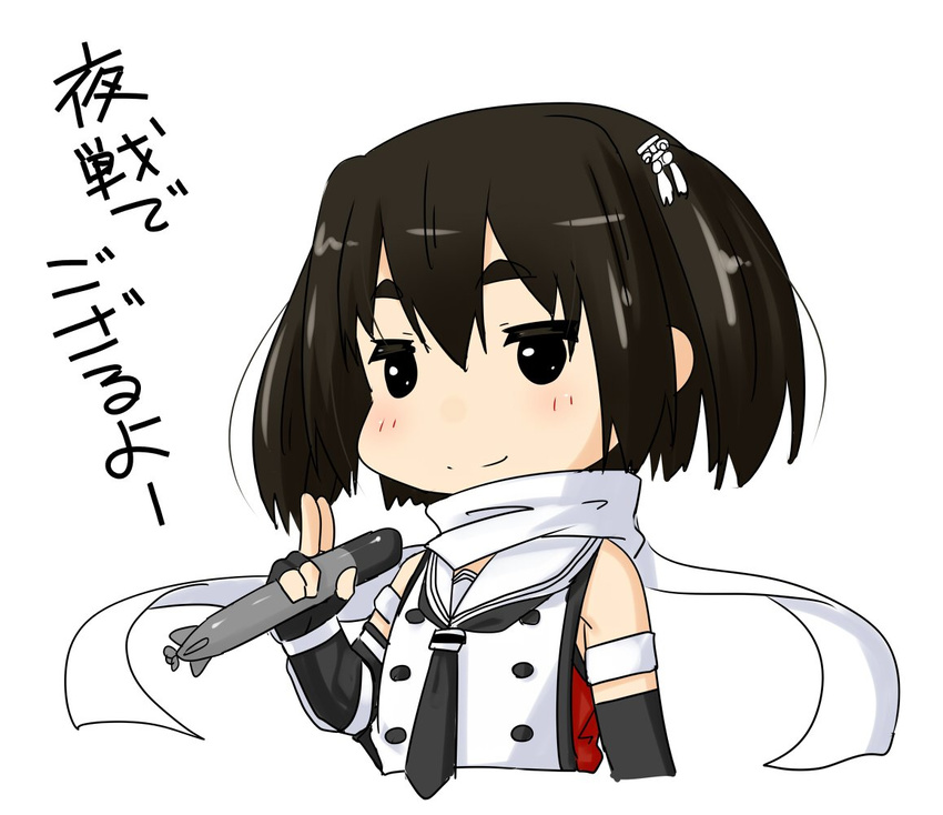 black_neckwear brown_eyes brown_hair chibi commentary_request double-breasted elbow_gloves fingerless_gloves gloves hair_ornament holding holding_torpedo kantai_collection looking_at_viewer neckerchief niwatazumi remodel_(kantai_collection) scarf school_uniform sendai_(kantai_collection) serafuku short_hair simple_background sleeveless smile solo torpedo translation_request two_side_up upper_body white_background white_scarf