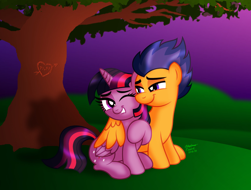 aleximusprime biting_lip cuddling equine flash_sentry_(mlp) friendship_is_magic horn hug inscription lidded_eyes mammal my_little_pony pegasus sunset tree twilight_sparkle_(mlp) winged_unicorn wings