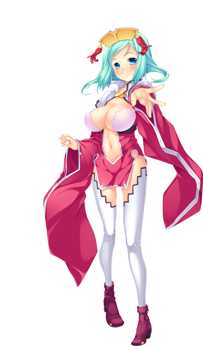 absurdres aqua_hair ass_visible_through_thighs bare_shoulders blue_eyes blush boots breasts cleavage dress full_body glasses hair_ornament highres hikage_eiji jewelry koihime_musou large_breasts looking_at_viewer navel outstretched_hand pelvic_curtain rikuson shin_koihime_musou short_dress short_hair smile solo transparent_background white_legwear wide_sleeves