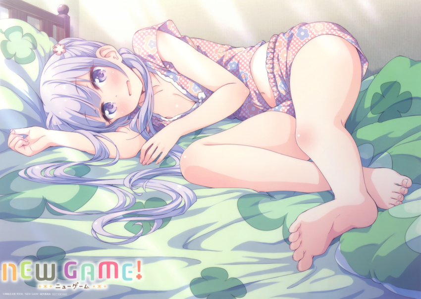 absurdres barefoot bed belly_peek blush breasts cleavage collarbone copyright_name feet full_body hair_ornament highres huge_filesize indoors long_hair looking_at_viewer lying medium_breasts navel new_game! official_art on_bed on_side pajamas pillow purple_eyes purple_hair scan shorts soles solo suzukaze_aoba toes tokunou_shoutarou