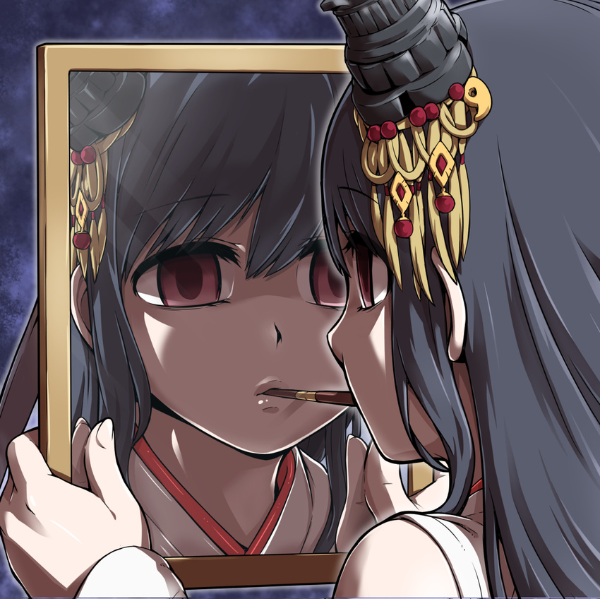 black_hair empty_eyes eyebrows_visible_through_hair food fusou_(kantai_collection) hair_between_eyes hair_ornament holding_mirror japanese_clothes kantai_collection lonely mirror mouth_hold pocky portrait red_eyes reflection solo tokkyuu_mikan