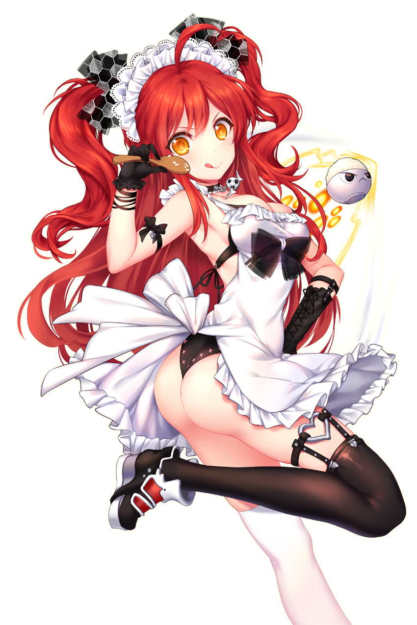 ahoge apron ass ball bittersweet_(dalcoms) black_footwear black_gloves black_legwear bowl brown_eyes gloves highres jury_(soccer_spirits) licking_lips long_hair maid_headdress official_art red_hair rice_bowl shoes soccer_ball soccer_spirits solo spoon standing standing_on_one_leg thighhighs tongue tongue_out transparent_background white_legwear