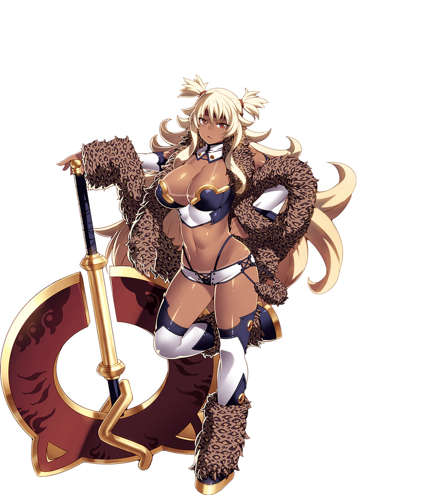 amanda_(sennen_sensou_aigis) armor axe bikini_armor blonde_hair boots breasts detached_collar full_body highres holding holding_axe huge_weapon large_breasts leg_up long_hair looking_at_viewer navel red_eyes sennen_sensou_aigis short_shorts shorts solo tan tanline tasaka_shinnosuke thigh_boots thighhighs transparent_background two_side_up weapon