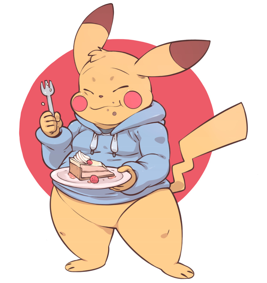 aircraft airplane anthro bottomless cake clothed clothing eating ero_(character) eyes_closed featureless_crotch food fork front_view full-length_portrait gazpacho_(artist) hoodie male mammal moobs nintendo overweight overweight_male pikachu pok&eacute;mon portrait rodent smile solo video_games