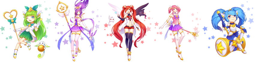 absurdres alternate_costume animal_ears armor armored_boots armored_dress blue_eyes blue_hair boots choker elbow_gloves fang fingerless_gloves floating_hair gloves green_hair hair_ornament hammer highres janna_windforce jinx_(league_of_legends) kezi league_of_legends long_hair long_image looking_at_viewer lulu_(league_of_legends) luxanna_crownguard magical_girl multiple_girls navel one_eye_closed pink_hair pointy_ears poppy purple_choker purple_eyes purple_hair red_eyes red_hair short_shorts short_twintails shorts sitting skirt smile smirk staff star star_guardian_janna star_guardian_jinx star_guardian_lulu star_guardian_lux star_guardian_poppy thighhighs twintails very_long_hair wide_image yordle