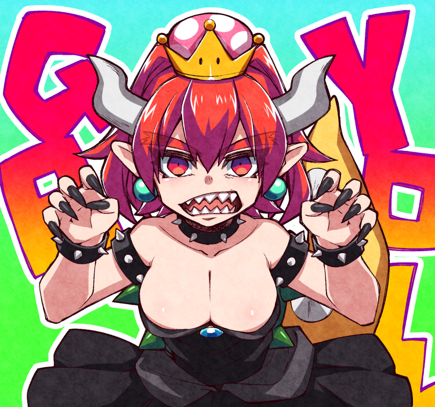 1girl alternate_eye_color alternate_hair_color background_text bangs bare_arms bare_shoulders black_collar black_dress black_nails borrowed_design bowsette bracelet breasts brooch claw_pose cleavage collar collarbone commentary_request constricted_pupils crown dress earrings eyebrows_visible_through_hair eyelashes eyes_visible_through_hair fingernails forked_eyebrows green_background green_earrings grey_horns hands_up high_ponytail highres horns jewelry large_breasts light_blush long_fingernails long_hair looking_at_viewer mario_(series) nail_polish new_super_mario_bros._u_deluxe nintendo open_mouth outline parted_bangs pointy_ears princess red_eyes red_hair rom sapphire_(gemstone) sharp_fingernails sharp_teeth solo spiked_armlet spiked_bracelet spiked_collar spiked_shell spiked_tail spikes strapless strapless_dress super_crown tail tail_raised teeth thick_eyebrows tsurime turtle_shell upper_body very_long_fingernails white_outline