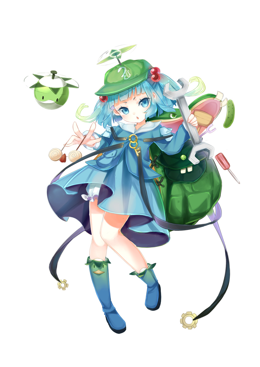 absurdres aqua_hair backpack bag bangs bloomers blue_eyes blue_footwear blue_hair blue_shirt blue_skirt blunt_bangs boots buttons collared_shirt cucumber dress drone floating food full_body funny_glasses glasses gradient gradient_hair green_hair hair_bobbles hair_ornament hammer hat highres holding holding_eyewear kawashiro_nitori key knee_boots knees_together_feet_apart long_sleeves midorin121 multicolored_hair open_mouth pocket propeller_hat robot screwdriver shirt short_eyebrows short_hair skirt skirt_set solo strap touhou transparent_background two-tone_hair two_side_up underwear vegetable wrench