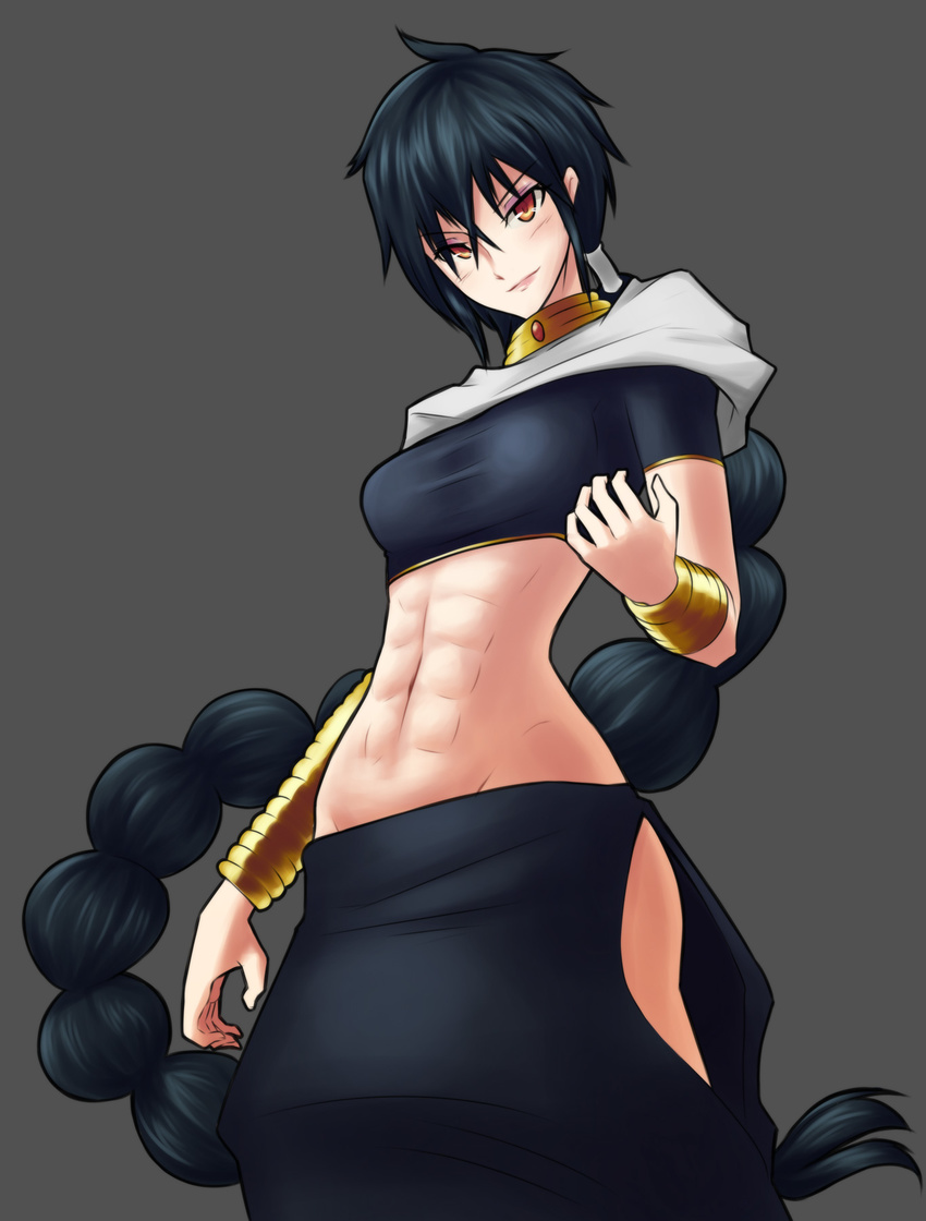 1girl abs black_hair bracelet braid breasts capelet crop_top drawfag female genderswap genderswap_(mtf) grey_background highres jewelry judal kuso_otoko long_hair lowleg_skirt magi_the_labyrinth_of_magic midriff navel neck_ring no_panties orange_eyes side_slit single_braid smile solo taut_clothes very_long_hair