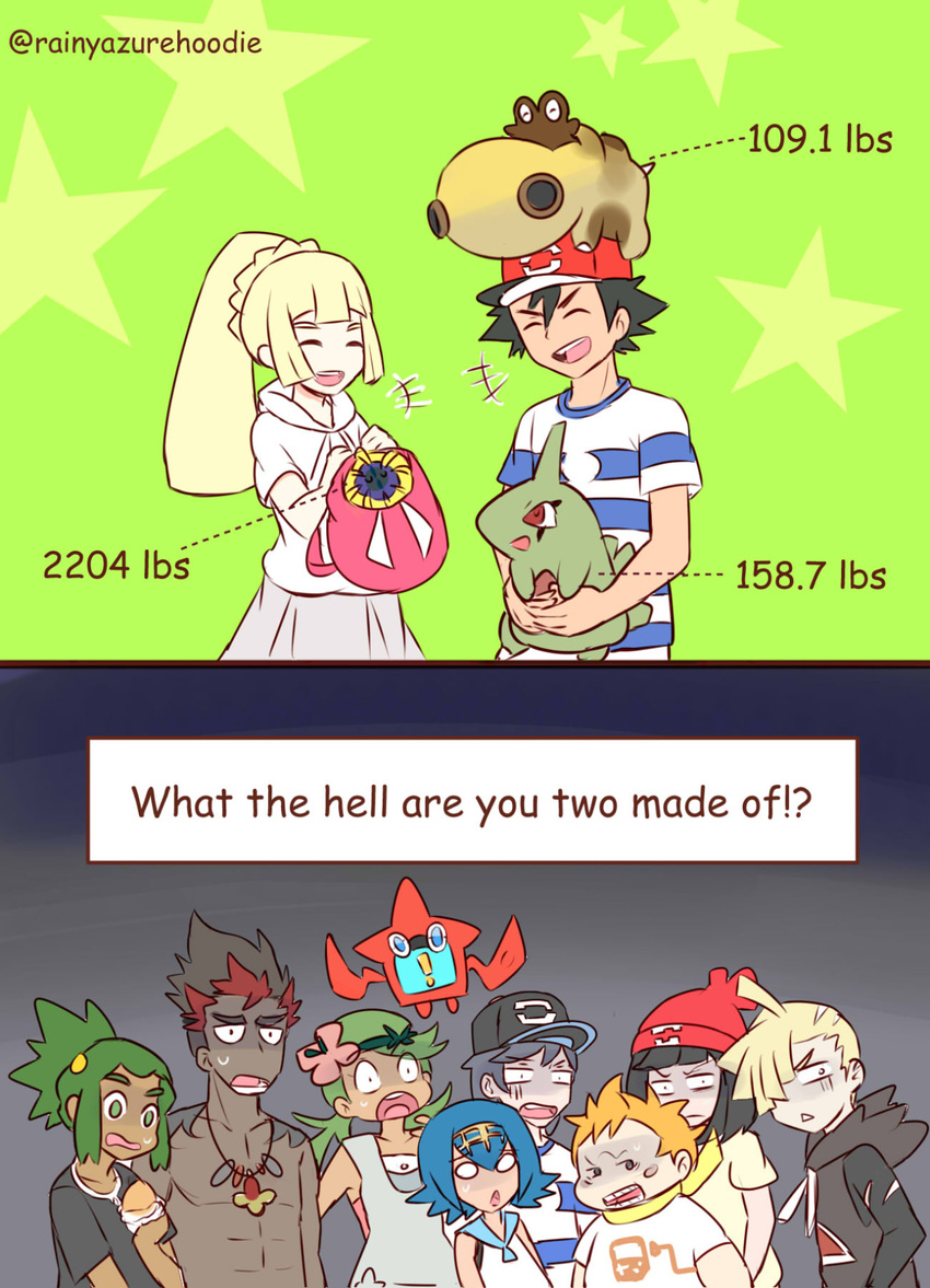 2koma 4girls 6+boys axew baseball_cap black_hair blonde_hair blue_hair comic cosmoem dark_skin dark_skinned_male eyes_closed female_protagonist_(pokemon_sm) gladio_(pokemon) green_eyes hat hau_(pokemon) highres hippopotas hood hoodie jewelry kaki_(pokemon) lillie_(pokemon) maamane_(pokemon) malasada male_protagonist_(pokemon_sm) mao_(pokemon) multicolored_hair multiple_boys multiple_girls necklace obese orange_hair pokemon pokemon_(anime) pokemon_(creature) pokemon_(game) pokemon_sm pokemon_sm_(anime) ponytail rainyazurehoodie rotom satoshi_(pokemon) scarf shirt shirtless smile spiked_hair star streaked_hair striped striped_shirt suiren_(pokemon) surprised twintails twitter_username