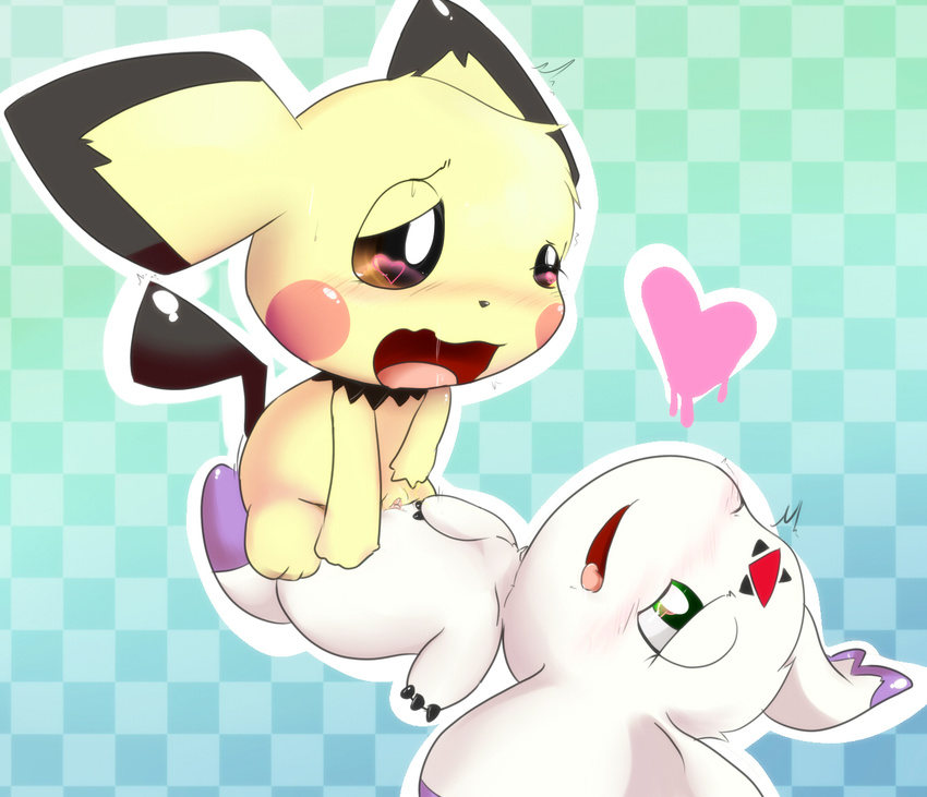 &lt;3 blush calumon clyndemoon digimon drooling duo female female/female fur green_eyes half-closed_eyes hi_res interspecies mammal nintendo open_mouth pichu pok&eacute;mon pussy pussy_juice rodent saliva saliva_string sex tongue tribadism video_games yellow_fur