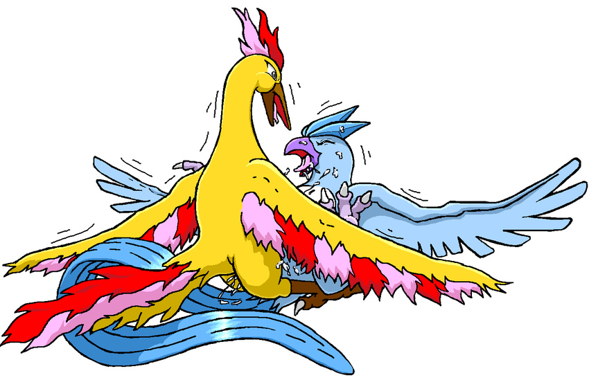 ambiguous_gender articuno avian beak bird blue_feathers cum cum_on_body cum_on_face dragon_soul_e duo eyes_closed feathers legendary_pok&eacute;mon male male/ambiguous moltres nintendo open_mouth pok&eacute;mon sex simple_background snow tongue tongue_out video_games white_background wings