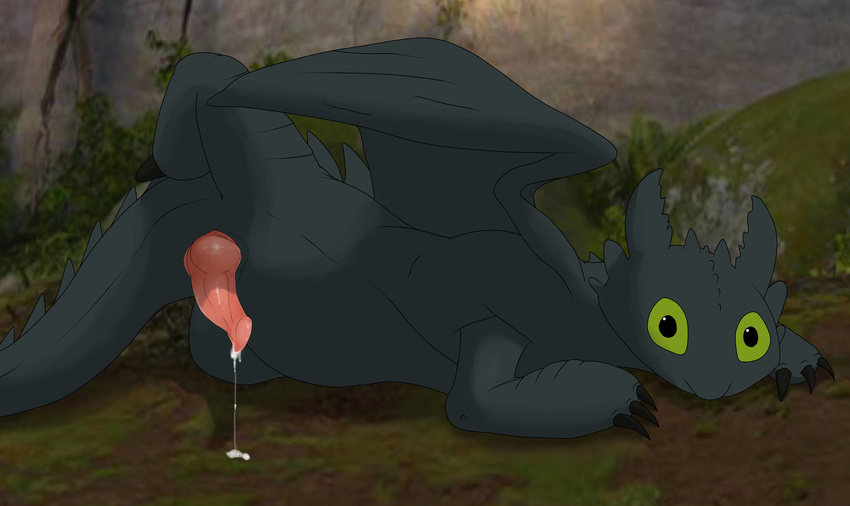 claws cum dragon dreamworks dripping grass green_eyes hi_res how_to_train_your_dragon male mcfan night_fury outside penis reptile scalie smile solo toothless