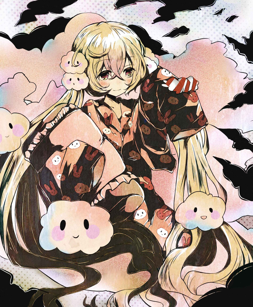 absurdres animal_print blonde_hair blush blush_stickers bunny_print closed_mouth cloud cloud_hair_ornament cloud_print collarbone eyebrows_visible_through_hair frilled_pillow frills hair_between_eyes highres holding holding_pillow long_hair mahou_shoujo_ikusei_keikaku mahou_shoujo_ikusei_keikaku_unmarked nemurin pajamas pillow print_pajamas red_eyes sleeves_past_wrists smile solid_oval_eyes solo twintails very_long_hair yoku_(mishima_yuka)