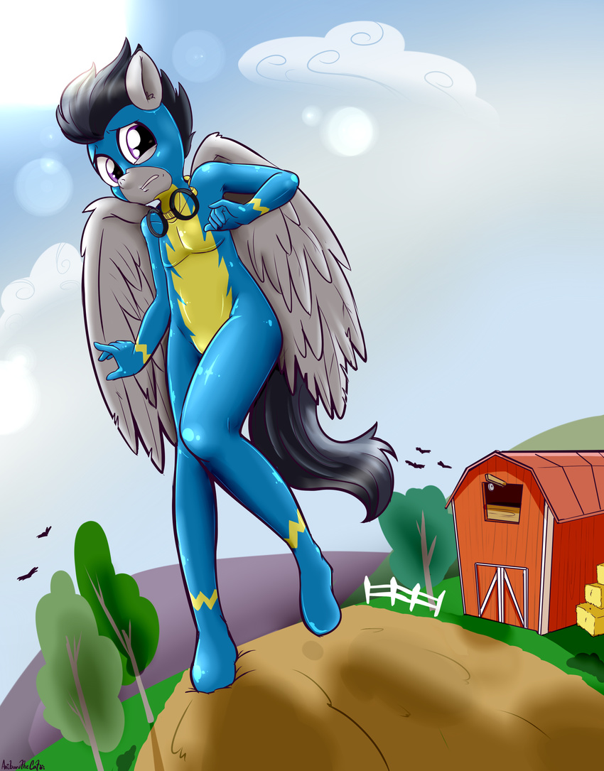 2016 absurd_res anibaruthecat anthro anthrofied barn clothed clothing equine eyewear feathered_wings feathers fence flying friendship_is_magic goggles hair hi_res male mammal my_little_pony outside pegasus rumble_(mlp) skinsuit tight_clothing tree wings