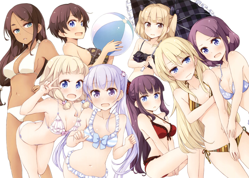 ahagon_umiko bikini breast_hold breasts cleavage iijima_yun new_game! sakura_nene scan shinoda_hajime suzukaze_aoba swimsuit takimoto_hifumi tokunou_shoutarou tooyama_rin umbrella yagami_kou