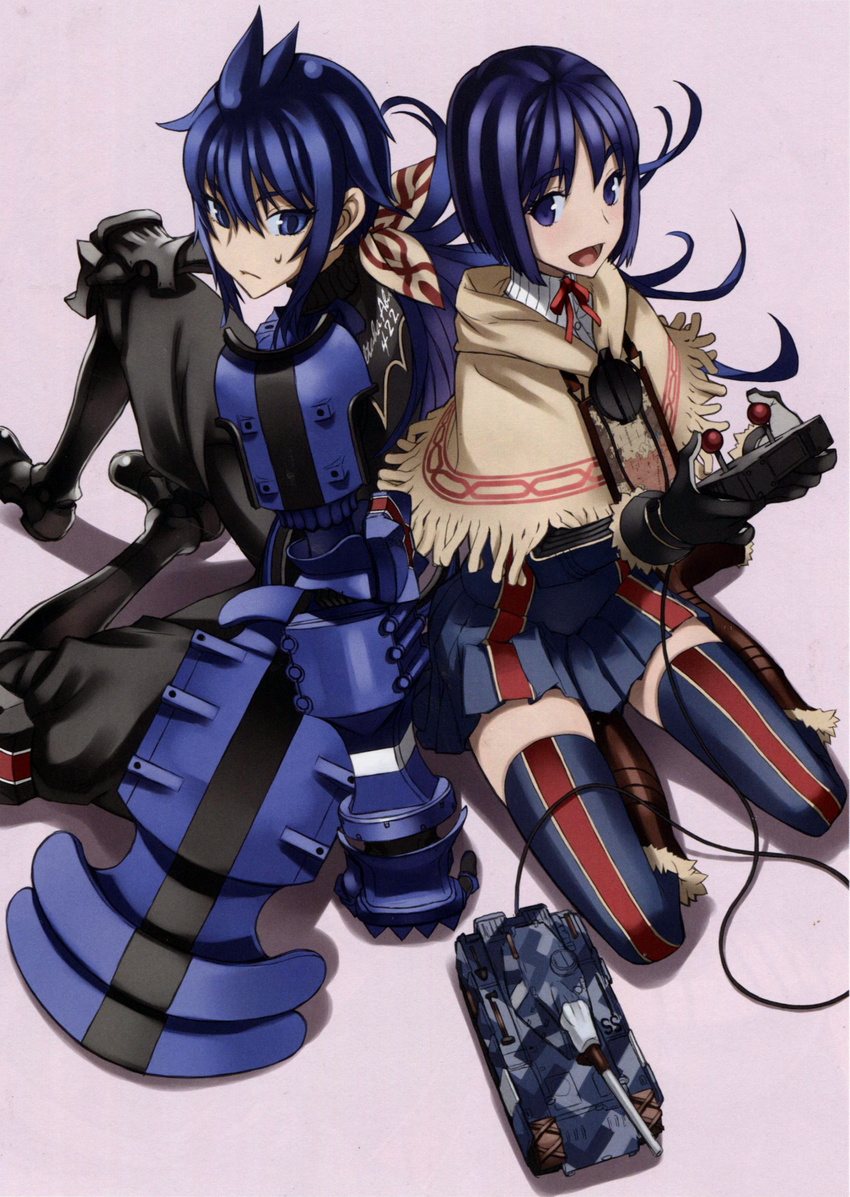 absurdres armor black_gloves blue_eyes blue_hair blue_skirt controller edelweiss_(senjou_no_valkyria) gloves grey_background ground_vehicle highres holding honjou_raita imca isara_gunther kneeling long_hair military military_uniform military_vehicle motor_vehicle multiple_girls open_mouth pleated_skirt red_ribbon remote_control ribbon senjou_no_valkyria senjou_no_valkyria_1 senjou_no_valkyria_3 short_hair simple_background sitting skirt sweatdrop tank thighhighs toy toy_tank uniform