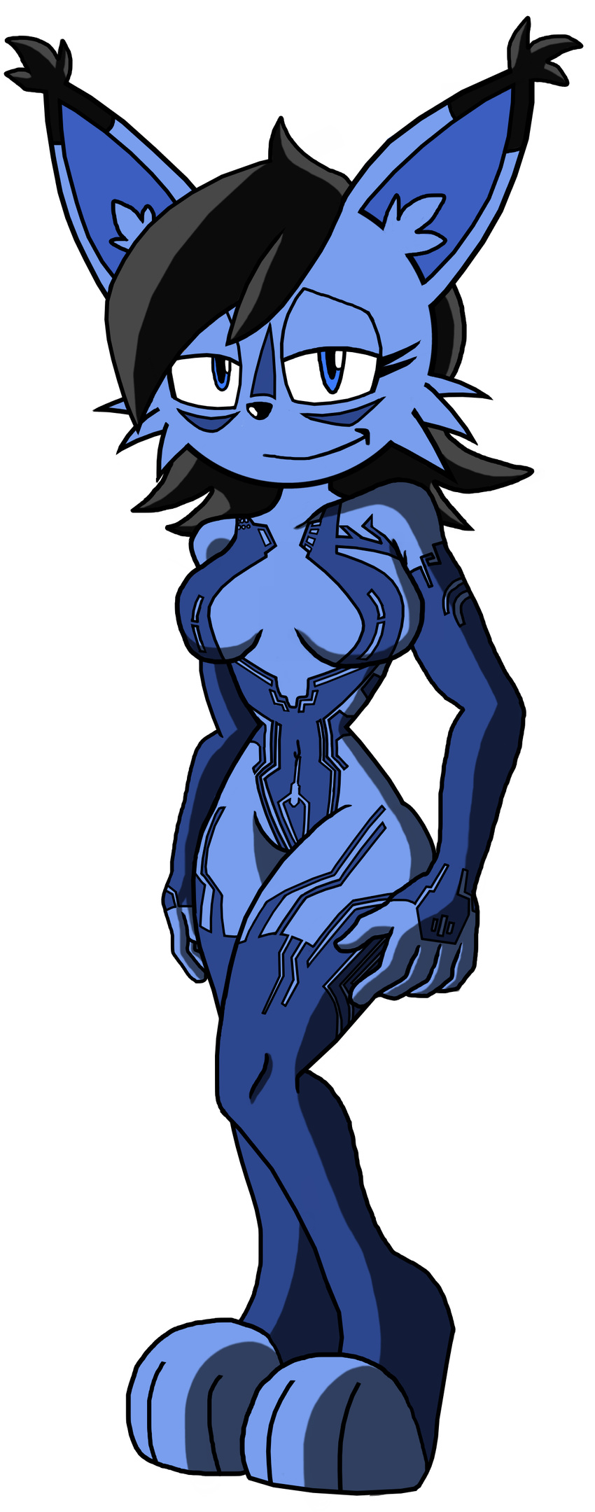 black_hair blue_fur breasts cortana featureless_breasts feline female fur hair halo_(series) lynx mammal mobian_monster navel nicole_the_lynx nude simple_background solo sonic_(series) video_games white_background