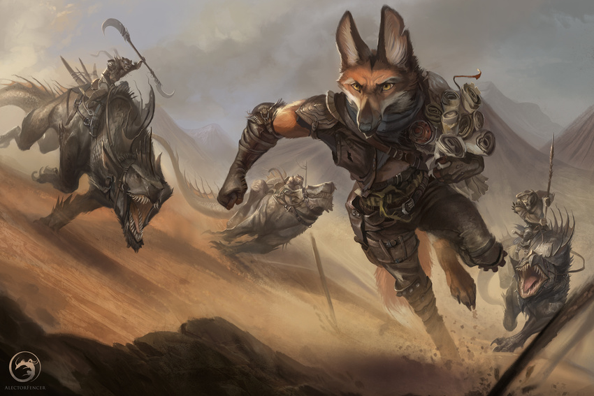 alectorfencer anthro armor black_nose canine clothed clothing day detailed digitigrade fox fur group mammal open_mouth orange_fur outside sand sky teeth yellow_eyes
