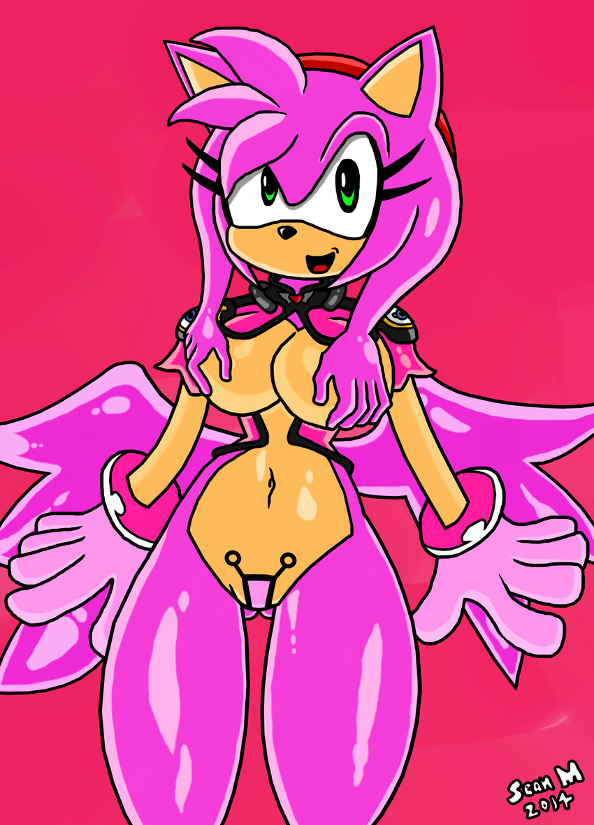 2014 amy_rose female hair hands_covering_breasts melona mobian_monster navel pink_hair queen's_blade solo sonic_(series) wings