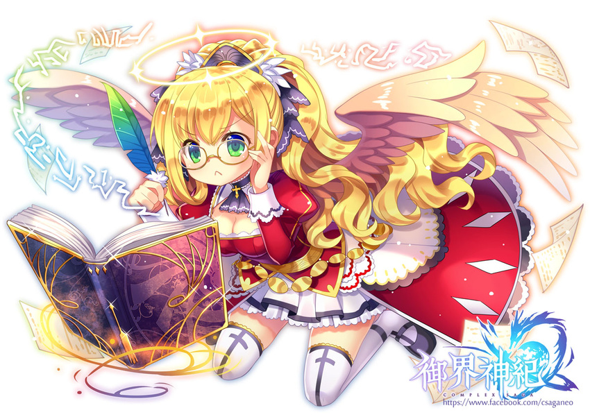 :&lt; blonde_hair book breasts capura_lin cleavage cleavage_cutout closed_mouth complex_saga copyright_name feathers floating_book glasses hair_ornament halo holding holding_eyewear long_hair long_sleeves medium_breasts metatron_(complex_saga) official_art open_book paper pleated_skirt quill reading runes sitting skirt solo spell strappy_heels thighhighs v-shaped_eyebrows wings writing yujie_shenji