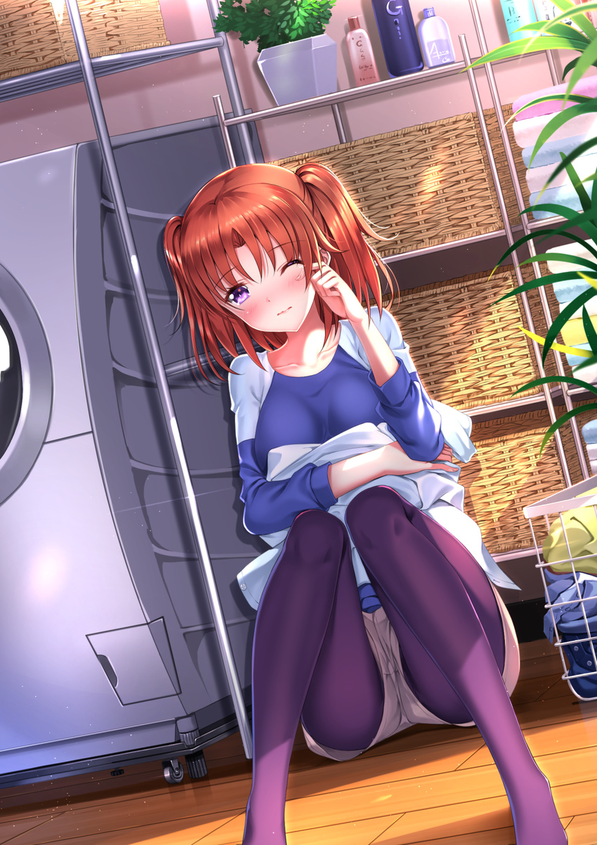 bangs basket black_legwear blue_shirt blush closed_mouth commentary_request day dutch_angle eyebrows_visible_through_hair highres indoors laundry laundry_basket long_sleeves mikakunin_de_shinkoukei one_eye_closed orange_hair pantyhose pantyhose_under_shorts plant purple_eyes raglan_sleeves shiny shiny_hair shirt sitting solo sunlight swordsouls towel two_side_up washing_machine wooden_floor yonomori_kobeni