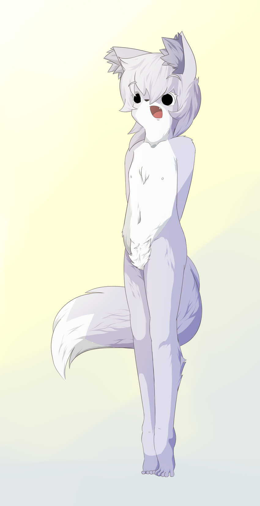 anthro bangs big_tail black_eyes canine chest_tuft collarbone cub ear_tuft eyelashes fangs female flat_chested fox fur hands_behind_back happy mammal navel nipples nude open_mouth pubes purple_fur simple_background smile solo tiptoes tongue tuft white_belly young