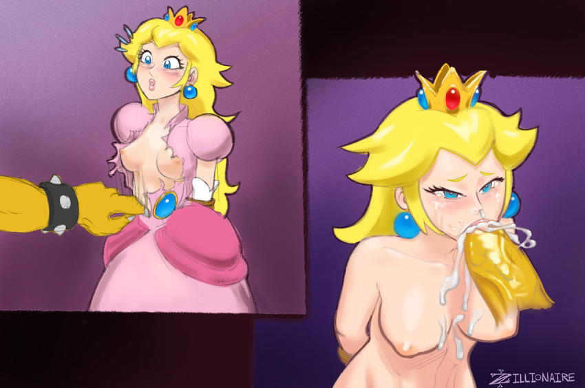 anthro areola big_penis blonde_hair blush bowser bracelet breasts clothing crown cum cum_bubble cum_from_nose cum_in_mouth cum_in_nose cum_inside cum_on_breasts disembodied_penis duo ear_piercing erection fellatio female forced hair hands_behind_back human human_on_anthro interspecies jewelry koopa male male/female mammal mario_bros nintendo nipples open_mouth oral penis piercing princess_peach rape rope scalie sex spiked_bracelet spikes tears torn_clothing vein veiny_penis video_games zillionaire