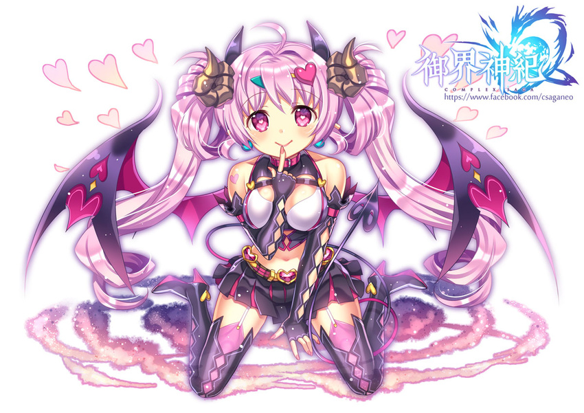 asmodeus_(complex_saga) belt between_breasts blush boots breasts capura_lin collar complex_saga copyright_name crop_top demon_girl demon_horns demon_tail demon_wings earrings finger_to_mouth fingerless_gloves garter_straps gloves hair_ornament hand_between_breasts heart heart-shaped_pupils high_heel_boots high_heels horns jewelry large_breasts long_hair looking_at_viewer miniskirt nail_polish navel official_art pleated_skirt skirt smile solo symbol-shaped_pupils tail tattoo thigh_boots thighhighs twintails very_long_hair watermark web_address wings yujie_shenji