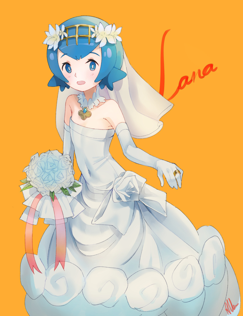 albreo bare_shoulders blue_eyes blue_hair blush bouquet bridal_veil bride character_name covered_navel dress elbow_gloves flat_chest flower gloves hair_flower hair_ornament hairband highres jewelry looking_at_viewer necklace open_mouth pendant pokemon pokemon_(game) pokemon_sm ring rose short_hair signature solo strapless strapless_dress suiren_(pokemon) veil wedding_dress wedding_ring white_dress white_flower white_gloves white_rose wreath yellow_background