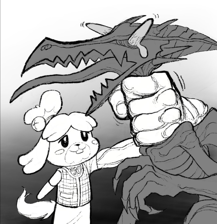 :3 alien ambiguous_gender animal_crossing anthro asphyxiation bell biceps big_ears black_and_white buckteeth bulging_eyes canine choking claws clothed clothing crossover dog dragon female feral floppy_ears fur isabelle_(animal_crossing) mammal metroid monochrome muscular nintendo nude open_mouth poisondynamite reptile ridley scalie sharp_claws sharp_teeth shih_tzu shirt skirt smile space_dragon_(metroid) standing super_smash_bros._ultimate tears teeth tongue tongue_out triceps video_games wings