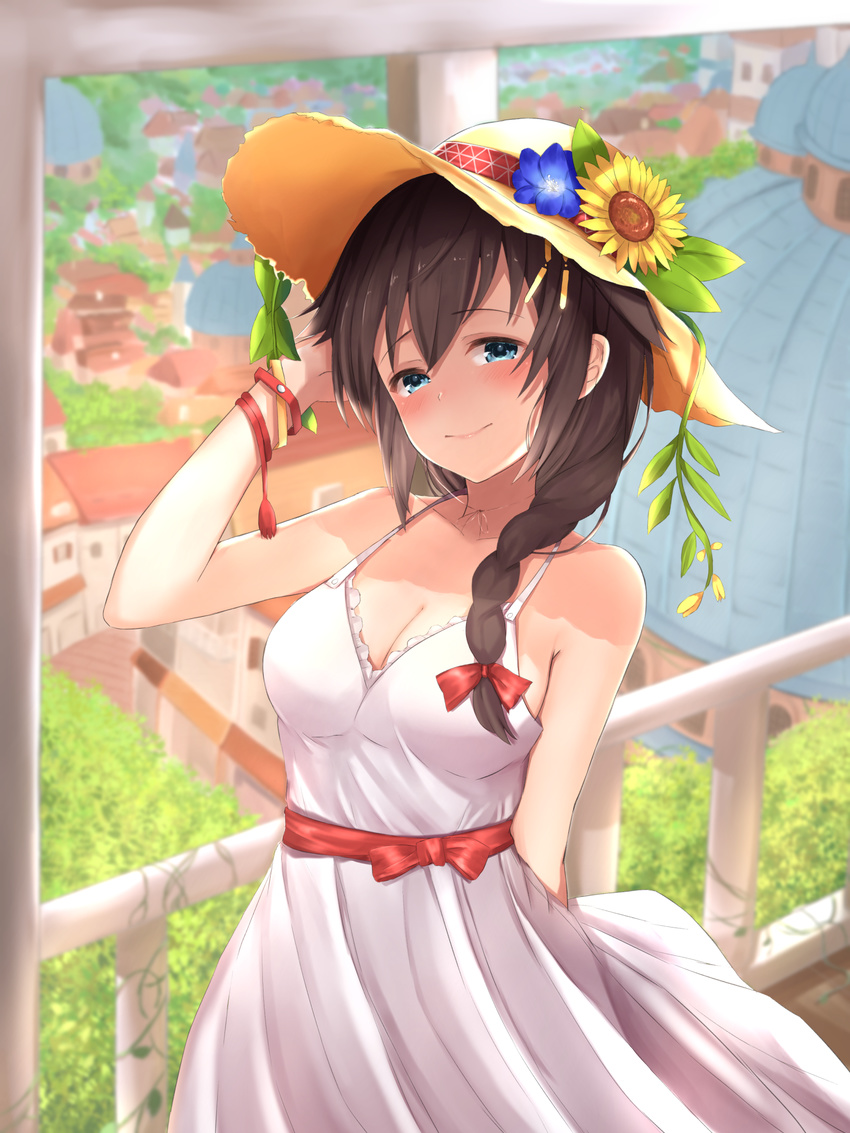 arms_behind_back bangs bare_shoulders black_hair blue_eyes blue_flower blush bracelet braid breasts building choker city cleavage closed_mouth commentary day dome dress eyebrows_visible_through_hair flower hair_ornament hair_ribbon hand_on_headwear hat hat_flower head_tilt highres jewelry kantai_collection long_hair looking_at_viewer maosame medium_breasts outdoors plant railing red_ribbon ribbon sash shade shigure_(kantai_collection) single_braid sleeveless sleeveless_dress smile solo straw_hat string sundress sunflower tassel upper_body vines white_dress yellow_flower