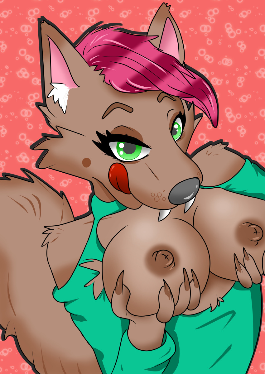 absurd_res anthro breasts canine clothed clothing digital_media_(artwork) evilthabad female fur hi_res looking_at_viewer mammal mature_female nipples simple_background solo tongue tongue_out wolf