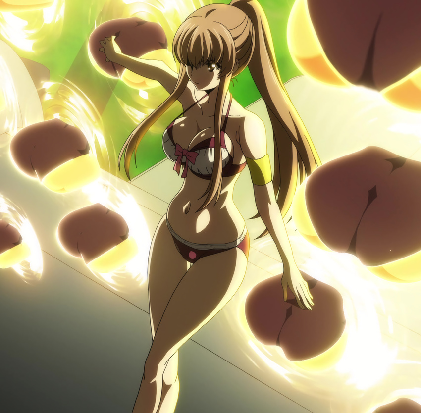 1girl aoba_kazane arm armband ass bare_arms bare_legs bare_shoulders bikini bra breasts brown_eyes brown_hair fate/stay_night fate_(series) female gate_of_babylon highres keijo!!!!!!!! large_breasts legs midriff navel parody ponytail serious sidelocks solo standing stitched style_parody swimsuit