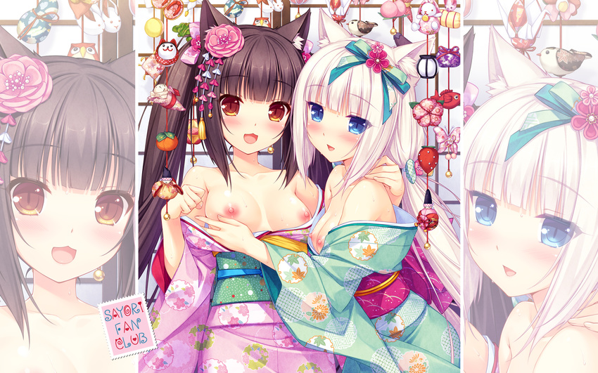 animal_ears aqua_ribbon artist_name blue_eyes breast_grab breasts brown_eyes brown_hair cat_ears chocola_(sayori) cleavage collarbone eyebrows_visible_through_hair fanbox_reward flower grabbing hair_flower hair_ornament hair_ribbon hand_on_another's_shoulder highres japanese_clothes kanzashi kimono long_hair looking_at_viewer medium_breasts multiple_girls nekopara nipples off_shoulder open_mouth paid_reward pink_flower ribbon sash sayori slit_pupils tsumami_kanzashi twintails vanilla_(sayori) wallpaper white_hair yukata yuri zoom_layer